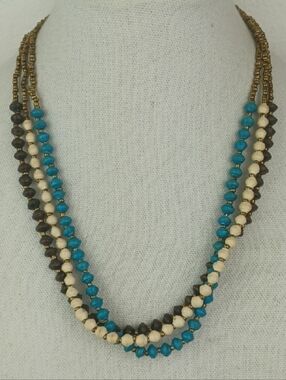 Teng Yue Triple-Layer Turquoise, Cream & Brown Beaded Copper Seed Bead Necklace